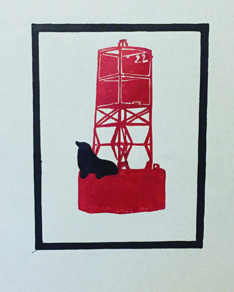 a woodblock print of a buoy with a sea lion sitting on it