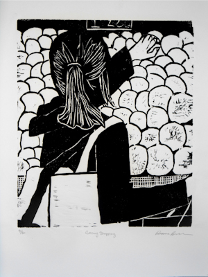 A black and white woodblock print of a woman shopping for produce